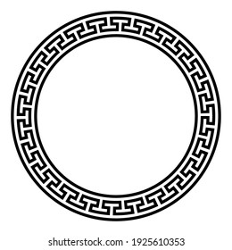 Circle frame with simple meander pattern. Decorative border, made of continuous lines, shaped into a seamless motif. Also known as meandros, Greek key or Greek fret. Illustration over white. Vector.