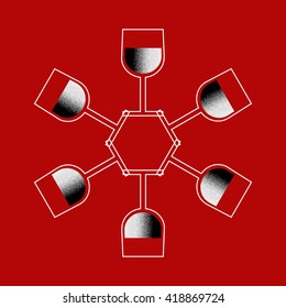 Circle frame with six white minimalist flat glasses on a red background.