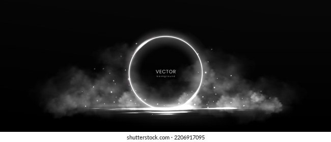 Circle frame with smoke and flying particles on water surface. Round white glowing border among soft clouds. Ring with bright sparkles and flares, Realistic 3d vector abstract monochrome background