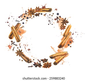 Circle frame from spices. Watercolor composition. Food backdrop. Decoration with cinnamon, carnation & anise. Hand drawing vector illustration.