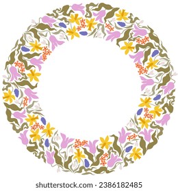 Circle frame of spring flowers like tulip, daffodil, snowdrop, primrose and grape hyacinth. Elegant vector illustration for flower market or florist shop