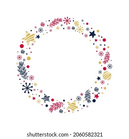 Circle frame with stars, snowflakes, confetti, spruce branch. Merry Christmas doodle vector illustration. Copy space for your text. Cartoon greeting card, holiday ad poster, New Year sale banner