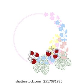 Circle frame with strawberry and cherry. Hand drawn round line border, leaves and flowers, wedding invitation and cards, logo design and posters template. Elegant minimal sty