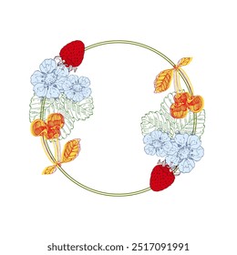 Marco de círculo con fresa y cereza. Borde de línea redonda dibujado a mano, hojas y flores, invitación de boda y tarjetas, diseño de logotipo y Plantilla de carteles. Elegante estancia mínima
