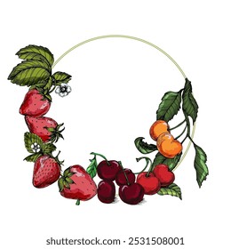 Kreisrahmen mit Erdbeere und Kirsche. Handgezeichneter runder Rahmen, Blätter und Blumen, Hochzeitseinladungen und Karten, Logo-Design und Plakatvorlage. Eleganter minimalistischer Stil mit Blumen.
