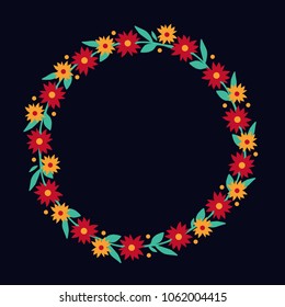 Circle frame of stylized bright flowers. Vector element of decoration. Isolated. On dark blue background