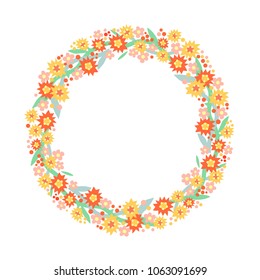 Circle frame of stylized minimalistic flowers. Vector element of decoration. Isolated.