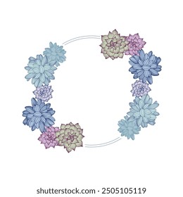 Circle frame with Succulent. Hand drawn round line border, leaves and flowers, wedding invitation and cards, logo design and posters template. Elegant minimal style floral vector isolated 