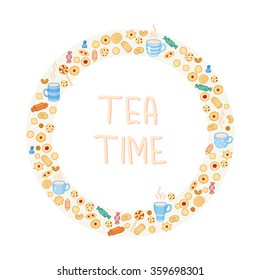 Circle frame of tea and sweets