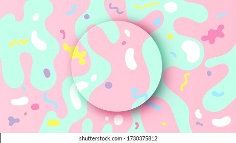 Circle frame template for summer and spring decorated with colorful doodle and blank space on pastel background. Modern summer frame background. Paper cut and craft style. vector, illustration.