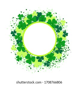 Circle frame templates with clover leaves and textures. Design with place for text. White background. Vector illustration