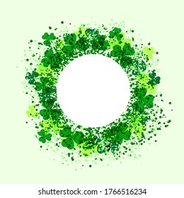 Circle frame templates with clover leaves and textures. Design with place for text. White background. Vector illustration