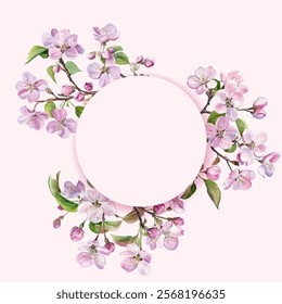 Circle frame for text with blooming sakura tree branch vector illustration. Holiday card with cherry flower blossoms. Apple, peach, apricot or sakura bloom frame. Tree branches spring flowers.