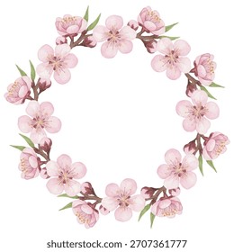 Quadro de círculo para texto com exibição de vetor de ramificação de árvore sakura em flor. Cartão de férias com flores de cerejeira. Moldura de maçã, pêssego, damasco ou sakura. Flores de primavera de ramos de árvores.