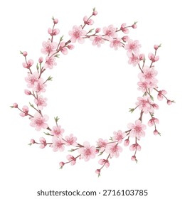 Marco de círculo para texto con Ilustración vectorial de rama de árbol sakura en flor. Tarjeta de Festiva con flores de cerezo. Marco de flor de manzana, melocotón, albaricoque o sakura. Las ramas de los árboles florecen en primavera.