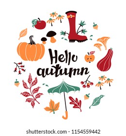 Circle Frame with Text Hello Autumn and Hand Drawn Elements. Fall Background with Leaves.