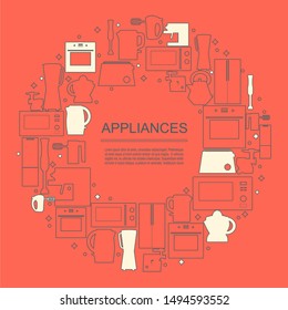 Circle frame with thin line appliances icons. Vector set of domestic electric machines
