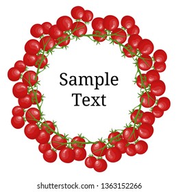 Circle Frame from Tomatoes with Space for Text. Fresh Red Cherry Tomato Branch Vegetable isolated on white background. Organic Food. Cartoon Style. Vector illustration for Your Design, Web.