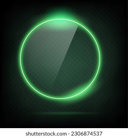 Circle frame transparent glass effect. Abstract green light neon border shape. Futuristic screen glowing vector background.