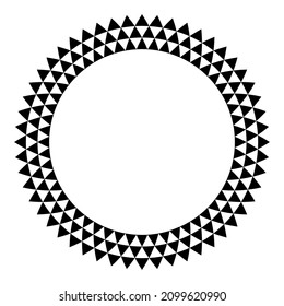 Circle frame with triangle pattern. Three rows of black triangles, creating a round border, with serrated and triangle checkered pattern. Isolated, black and white illustration, on white background.