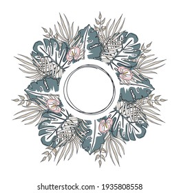 Circle Frame of tropical leaves. Exotic wreath of fronds in delicate colours. One line stile art vector illustration. Template for postcards, invitations, decor.