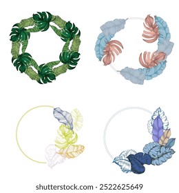 Circle frame with tropical leaves and monstera. Hand drawn round line border, leaves and flowers, wedding invitation and cards, logo design and posters template. Elegant minimal style floral.