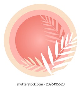 Circle frame with tropical leaves. Paper-cut style. Pink trendy summer vector illustration. 