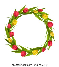 Circle frame with tulips red and yellow flowers isolated on white background