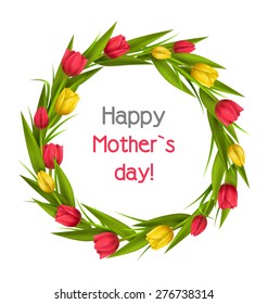Circle frame with tulips red and yellow flowers isolated on white background
