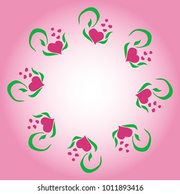 Circle frame for Valentine s Day from green leaves and hearts. Vector drawing