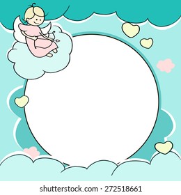 Circle frame for valentines day cards with clouds, hearts, angel and arrow. Background with Cute cartoon cupid and place for text. Vector illustration. 