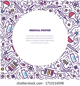 circle frame vector concept medical doodles illustration. With place for text. Healthy lifestyle concept. Design for advertising, web sites, posters, print.