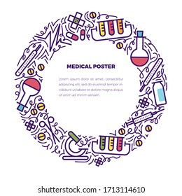 ilustración de doodles médicos de concepto vectorial de cuadro circular. Con lugar para el texto. Concepto de estilo de vida saludable. Diseño para publicidad, sitios web, afiches, impresión.