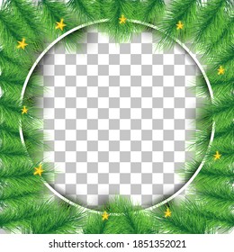 Circle frame vector design. Frame design with christmas leaves decoration and stars. Usable for social media post, banner and web internet ads.