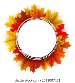 Circle frame of vibrant autumn maple leaves in red, orange, and yellow tones. Vector illustration.