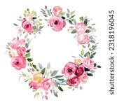Circle frame with watercolor flowers yellow and pink roses and green leaves. Round template isolated on white