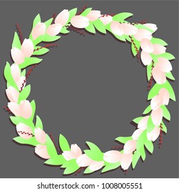 Circle frame with  white tulips flowers and branches