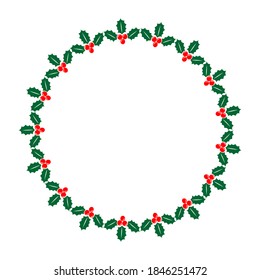 Circle frame with winterberries  isolated on white background. Flat style.  Christmas or New Year vector illustration. Design element for greeting card, leaflet, banner, poster or flyer.
