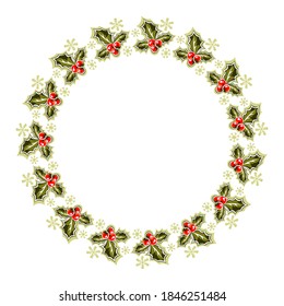 Circle frame with winterberry  isolated on white background. Flat style.   Christmas or New Year vector illustration. Design element for greeting card, leaflet, banner, poster or flyer.