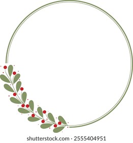 Circle Frame Or Wreath Decorated With Green Leaves And Red Cherries