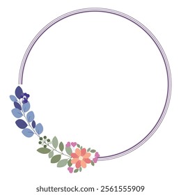 Circle Frame Or Wreath Decorated With Green Leaves And Flowers