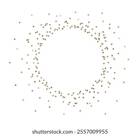 Circle frame, wreath of little golden glittering star shaped confetti tinsel isolated on background. Festive party decoration. New Year, birthday, winner celebration concept. Vector illustration