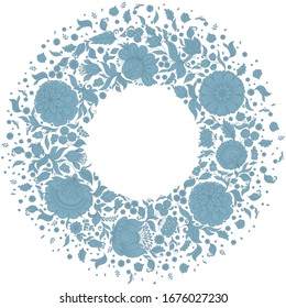 Circle frame, wreath made of flowers. Spring elements. Floral doodles style. 