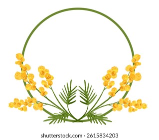 Circle frame with yellow mimosa flower in flat style with grainy texture