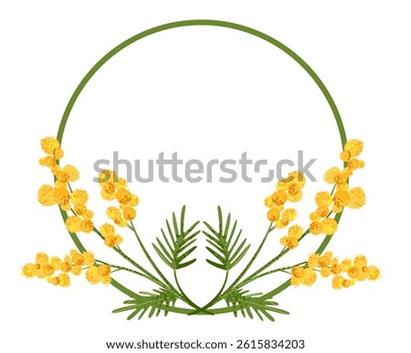 Circle frame with yellow mimosa flower in flat style with grainy texture