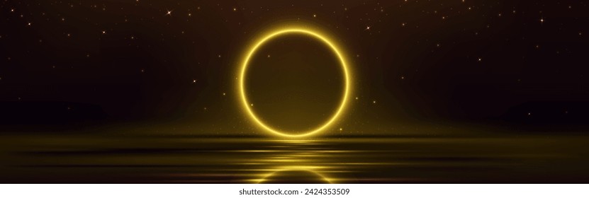 Circle frame with yellow neon light glow under calm water with ripples and reflection. Realistic vector illustration of golden led ring border on dark background. Luminous electric line round shape.