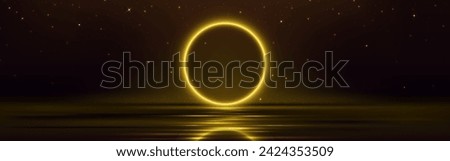 Circle frame with yellow neon light glow under calm water with ripples and reflection. Realistic vector illustration of golden led ring border on dark background. Luminous electric line round shape.