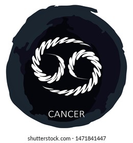 Circle frame with zodiac sign Cancer isolated on white background. Zodiac constellation. Hand drawn style. Design element for horoscope and astrological forecast.