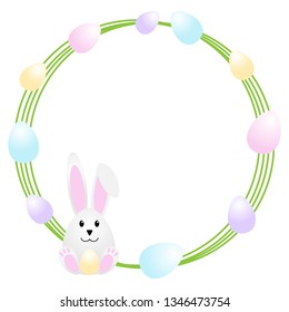 Circle frame/border with space for text, Easter bunny, colorful eggs on white background. Template for greeting card, invitation, poster, flyer, banner
