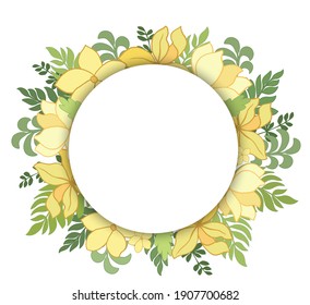 the circle is framed by delicate spring flowers. Festive frame for wedding invitation, Valentine's Day greetings.